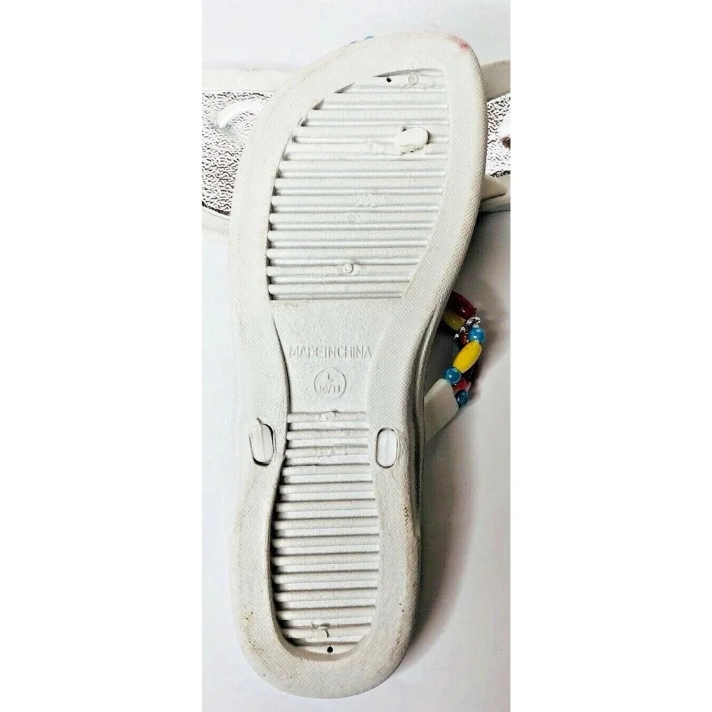 Womens White Rubber Colorful Beaded Thong Waterproof Flip‎ Flop Sandals L 10/11
